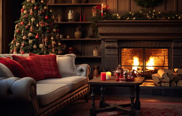 Картинка украшения, комната, шары, елка, интерьер, кресло, Новый Год, Рождество