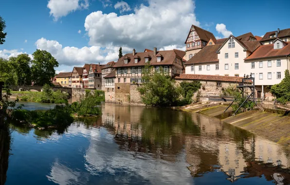 Облака, отражение, река, дома, Германия, Baden-Württembergs, Kocher, Schwäbisch Hall