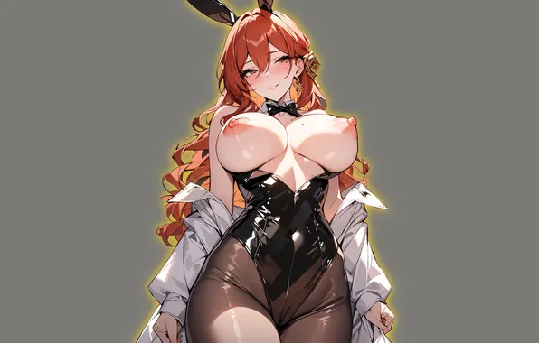 Girl, hot, sexy, red hair, nipples, boobs, rabbit, anime