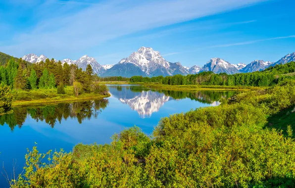 Пейзаж, горы, река, США, Grand Teton National Park