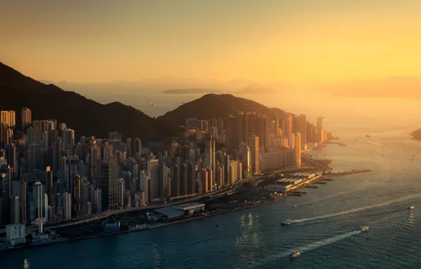 Картинка city, ocean, sunset, water, skyscraper, street, hills, Hong Kong