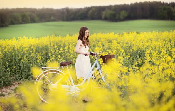 Картинка поле, девушка, радость, цветы, желтый, природа, велосипед, улыбка