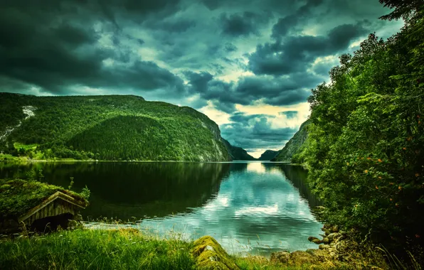 Картинка зелень, облака, деревья, горы, река, скалы, Норвегия, Rogaland