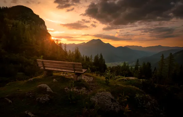 Картинка закат, горы, скамья, Austria, Tyrol, Reutte District