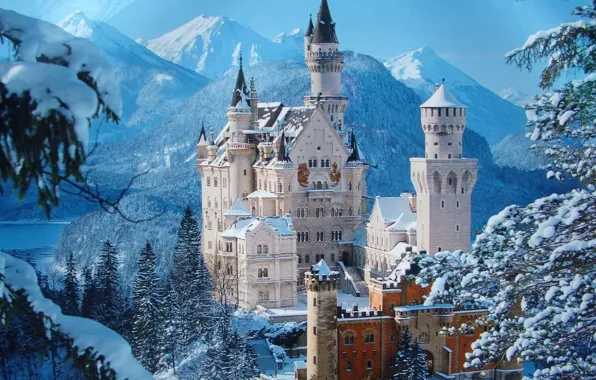 Картинка зима, снег, Замок Нойшванштайн