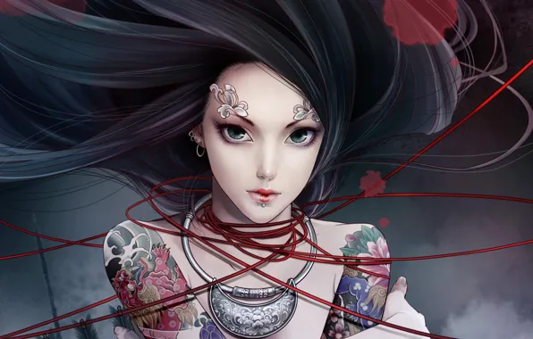 Картинка girl, long hair, eyes, anime, tattoo, lips, face, brunette