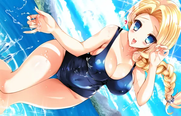 Girl, sexy, cleavage, beach, long hair, sea, boobs, anime