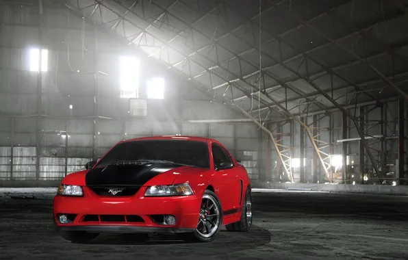 Красный, Mustang, Ford, мустанг, ангар, red, форд, блик