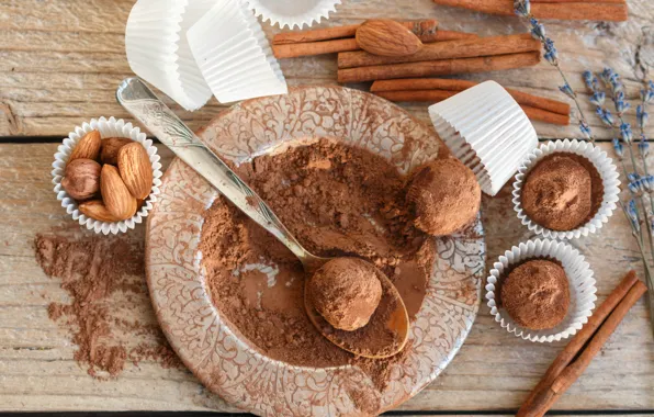 Шоколад, конфеты, орехи, корица, миндаль, cinnamon, chocolate truffle