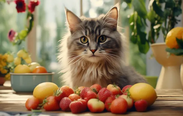 Кошка, лето, кот, взгляд, листья, поза, ягоды, котенок
