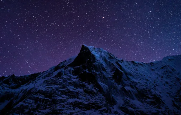 Картинка зима, небо, снег, горы, ночь, природа, скалы, звёзды