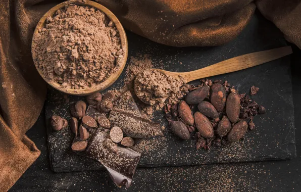 Шоколад, конфеты, ложка, ткань, миска, десерт, сладкое, какао