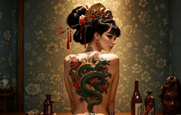 Картинка спина, тату, прическа, татуировка, азиатка, asian, digital art, цифровое искусство