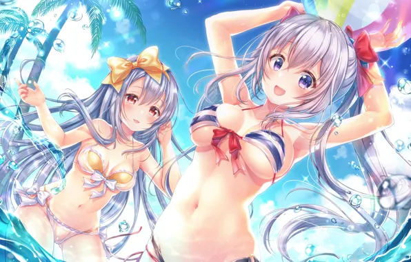 Sexy, cleavage, sky, long hair, sea, girls, boobs, anime