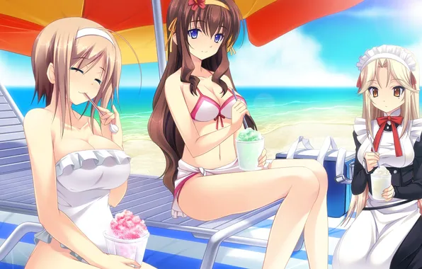 Пляж, купальник, девушки, мороженое, горничная, сладкое, game cg, anata no koto o suki to iwasete
