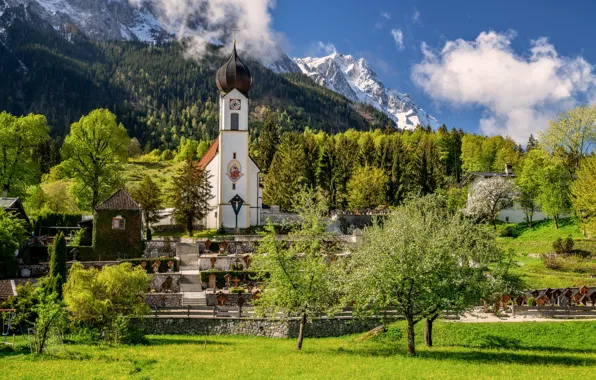 Деревья, горы, Германия, Бавария, церковь, Germany, Bavaria, Bavarian Alps