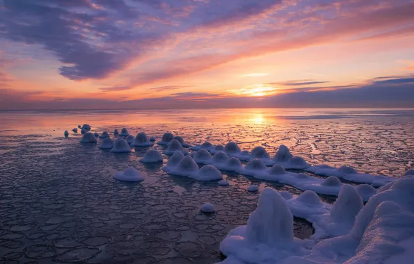 Зима, море, закат, берег, лёд
