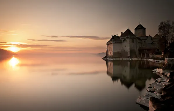 Картинка вода, солнце, озеро, отражение, замок