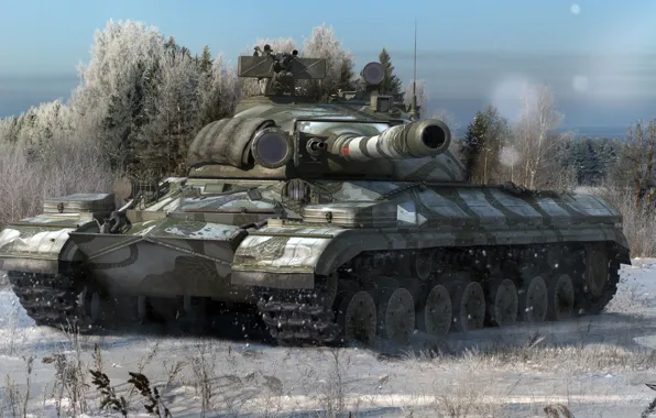 Картинка зима, лес, снег, деревья, танк, СССР, тяжелый, советский