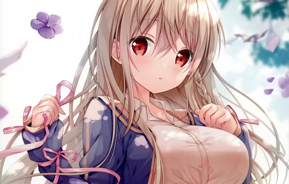 Girl, sexy, long hair, boobs, anime, beautiful, red eyes, pretty