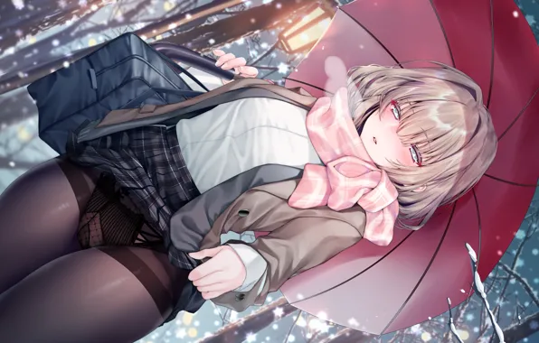 Girl, sexy, lingerie, pantsu, panties, trees, umbrella, anime