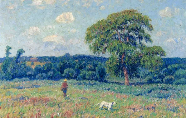 Картинка небо, деревья, картина, луг, Анри Море, Пейзаж с охотником и его собакой