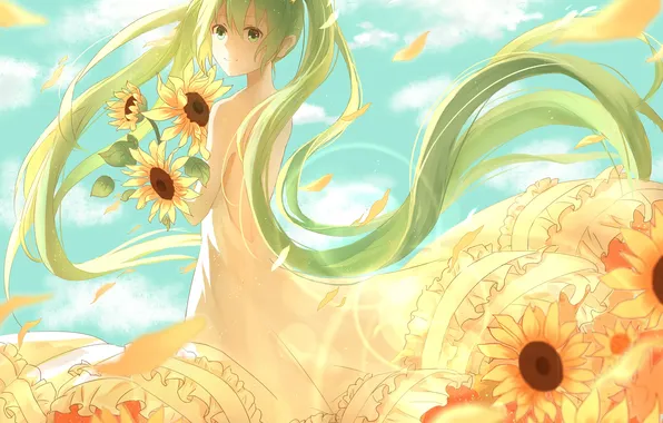 Картинка поле, девушка, подсолнухи, цветы, платье, арт, vocaloid, hatsune miku
