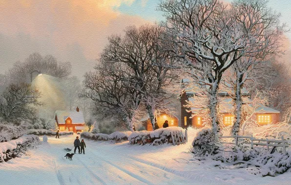 Картинка зима, дорога, свет, люди, собака, деревня