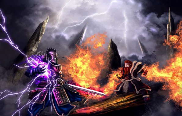 Fire, battlefield, flame, sword, star, armor, weapon, fight