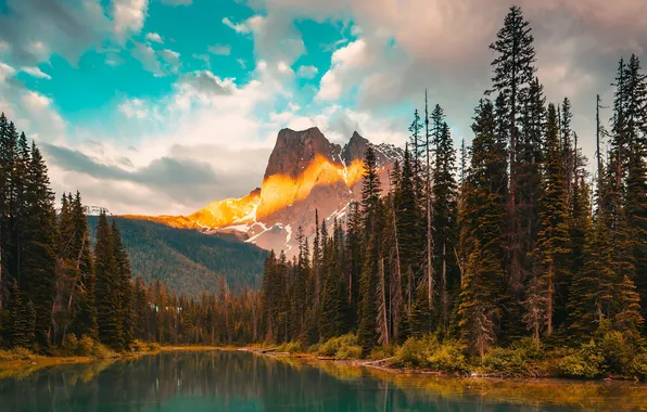 Лес, небо, облака, деревья, горы, озеро, скалы, British Columbia