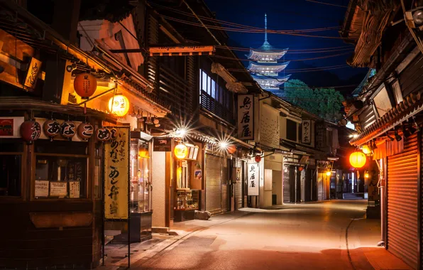 Ночь, огни, улица, дома, Япония, фонари, Miyajima
