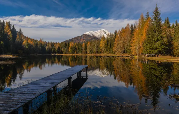 Осень, лес, озеро, берег, пирс