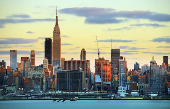 Картинка закат, небоскреб, дома, Нью-Йорк, США, Манхэттен