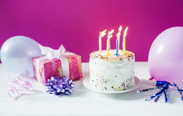 Картинка праздник, подарок, шары, свечи, торт