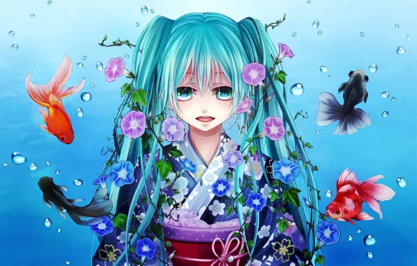 Картинка девушка, рыбки, рыбы, цветы, пузырьки, арт, кимоно, vocaloid