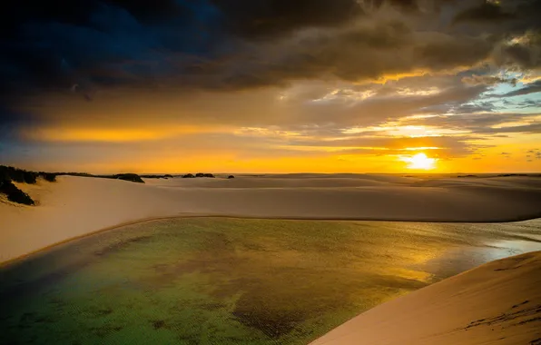 Картинка облака, закат, бассейн, горизонт, дюны, Бразилия, Мараньян