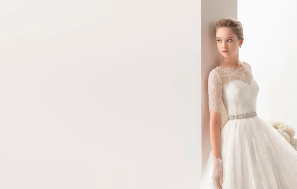 Девушка, минимализм, букет, платье, невеста