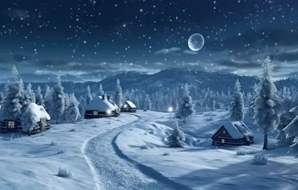 Картинка зима, снег, ночь, lights, елки, Новый Год, деревня, Рождество