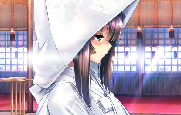 Капюшон, храм, профиль, кимоно, невеста, art, visual novel, piromizu