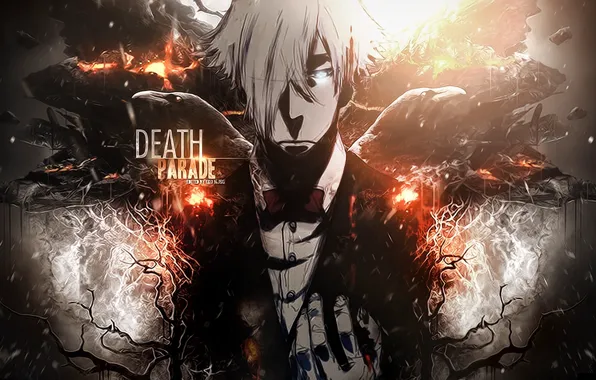 Аниме, арт, костюм, парень, ворон, Quindecim, Kurokami no Onna, Death Parade