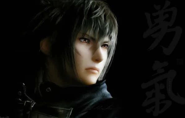 Картинка иероглифы, парень, черный фон, Final Fantasy, Последняя Фантазия, Noctis