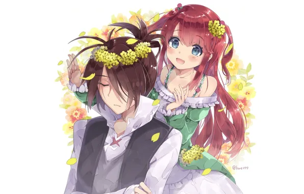 Девушка, аниме, арт, парень, венок, Re: Zero kara Hajimeru Isekai Seikatsu