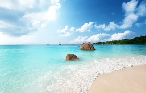 Картинка море, пляж, пейзаж, тропики, камни, голубая вода