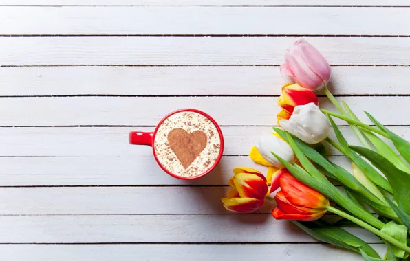 Картинка цветы, сердце, colorful, тюльпаны, heart, wood, cup, romantic