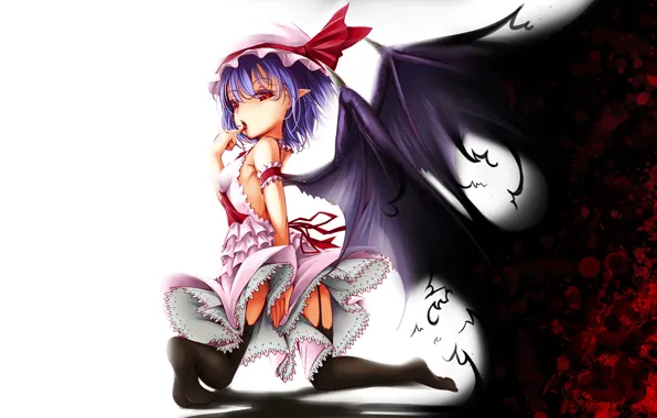 Картинка красные глаза, touhou, art, вампирша, Remilia Scarlet, черная магия, крылья летучей мыши, Onigiri