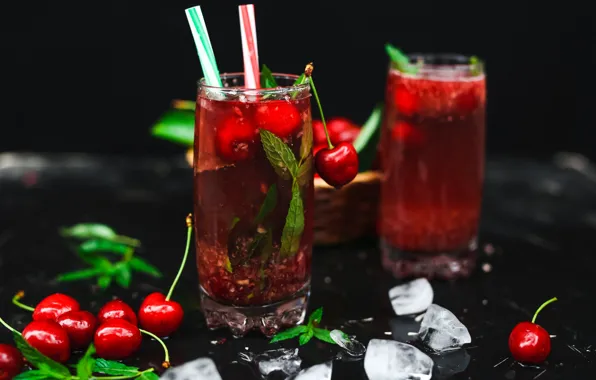 Коктейль, напиток, фрукты, вишни