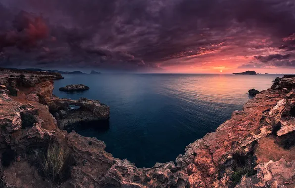 Море, небо, пейзаж, тучи, природа, скалы, рассвет, Ibiza