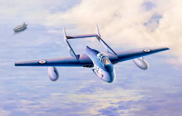 Картинка war, art, airplane, painting, jet, De Havilland Vampire