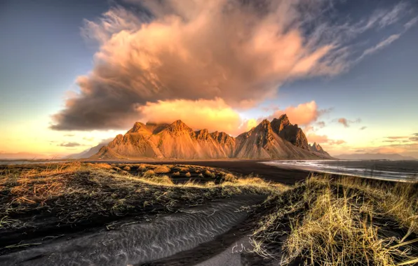 Небо, солнце, облака, горы, залив, Исландия, Iceland, Stokksnes