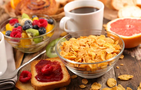Картинка ягоды, кофе, завтрак, фрукты, джем, хлопья, тосты